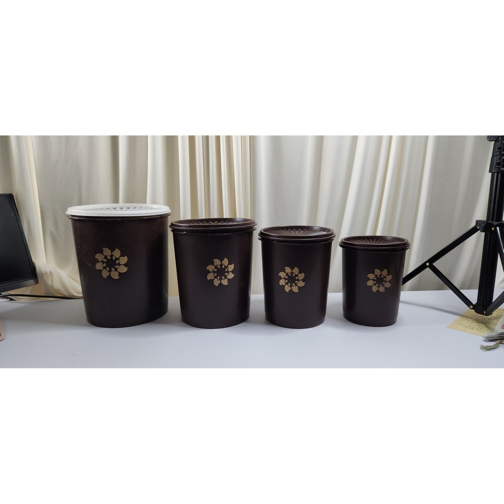 Vintage Tupperware Servalier Canister Set 4pc Brown Gold Sunburst Floral Retro
